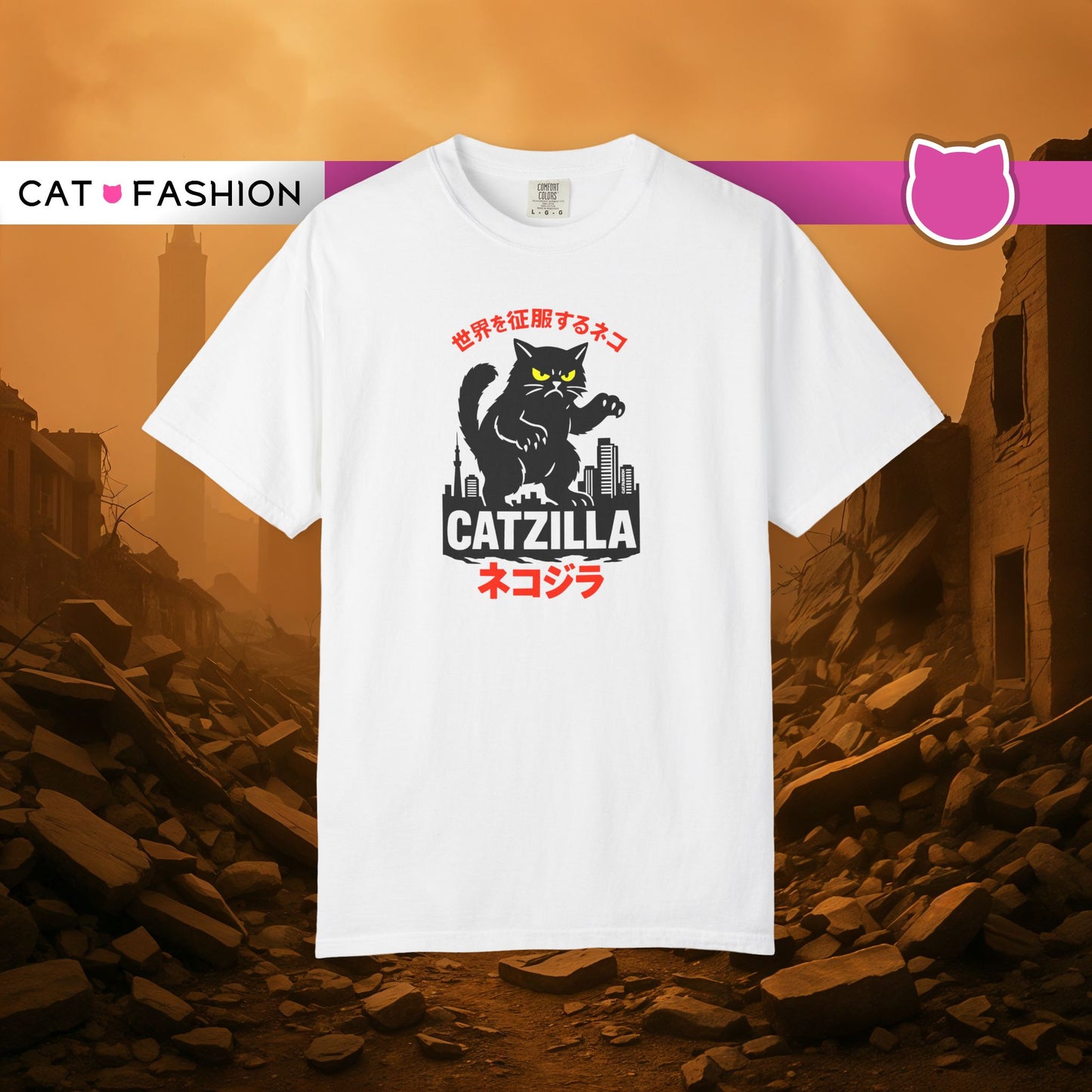 T-Shirt: Catzilla – Funny Japanese Monster Cat Meme Graphic Tee – Godzilla Parody Unisex Shirt for Cat Lovers & Otaku Vibes