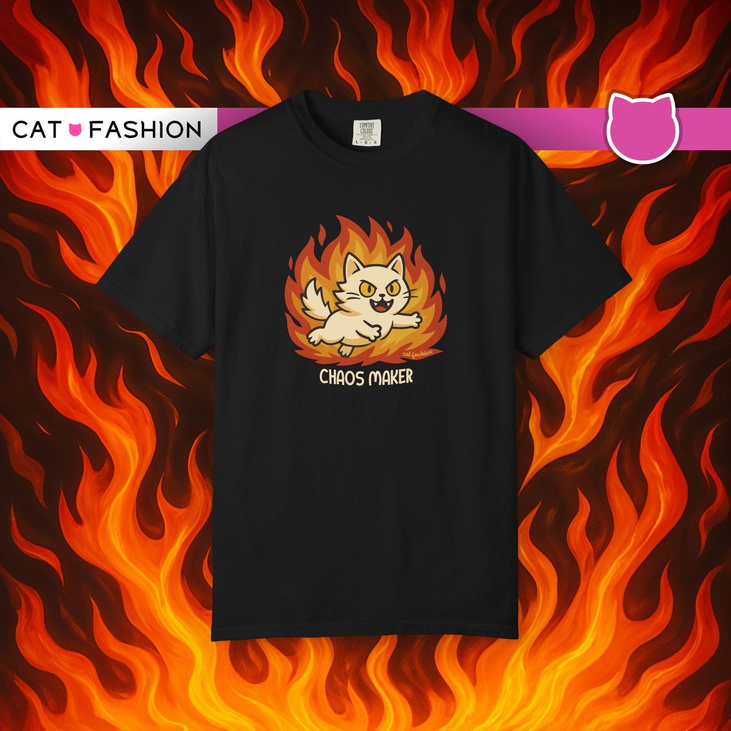 T-Shirt: Chaos Maker – Wild Cat in Flames Graphic Tee – Funny Unisex Shirt for Rebels, Gamers & Agents of Mayhem