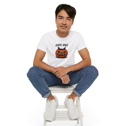 T-Shirt: Guess Who? – Halloween Cat Pumpkin Graphic Tee – Spooky Funny Unisex Shirt for Scary Season