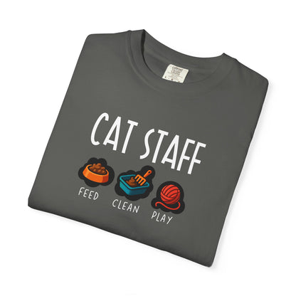 T-Shirt: Cat Staff Duties – Funny Pet Parent Graphic Tee – Cute Unisex Shirt Who Serve Their Furry Boss