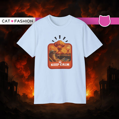 T-Shirt: Keep Calm – Surreal Cat in Chaos Artwork – Funny Apocalypse Parody for Dark Humor Fans