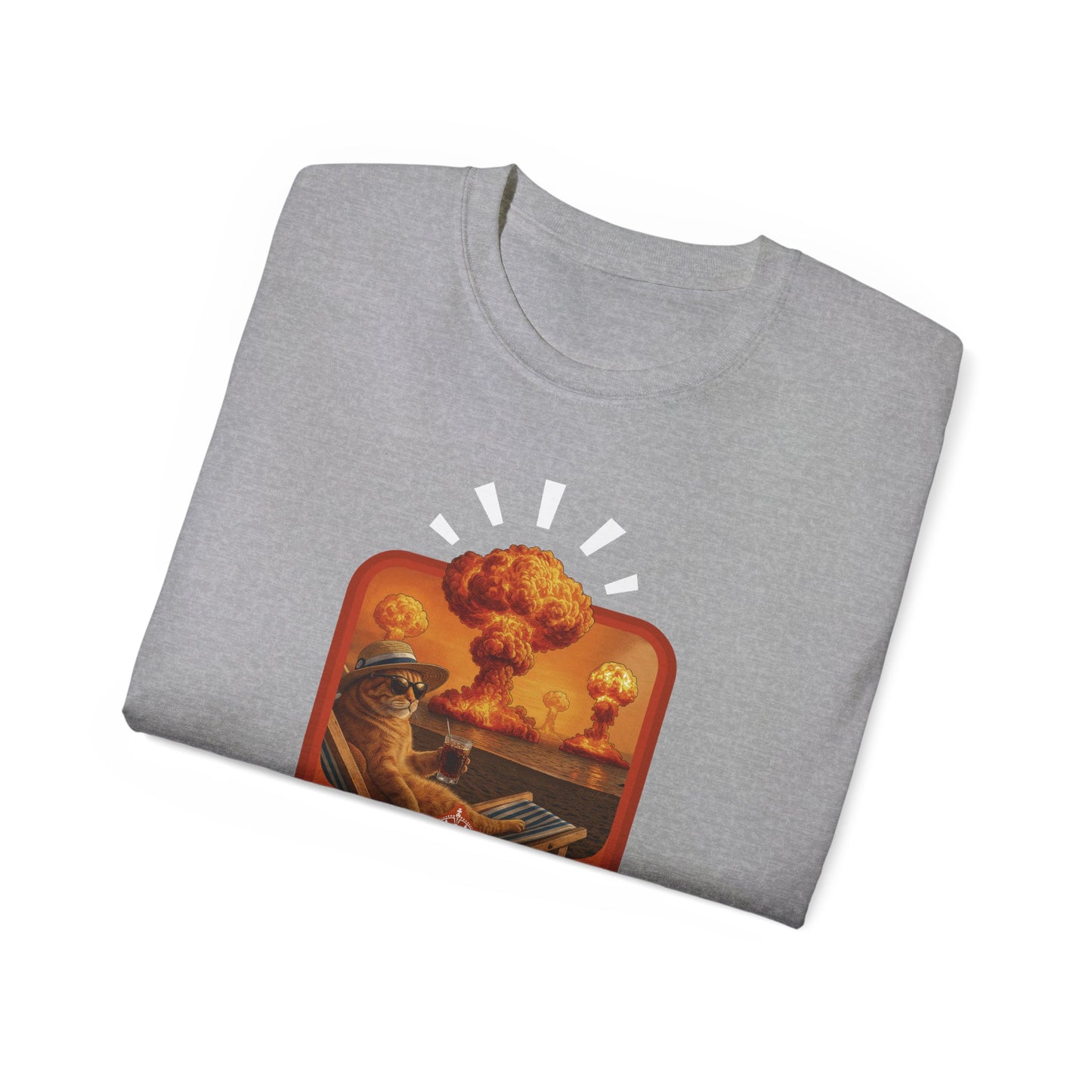 T-Shirt: Keep Calm – Surreal Cat in Chaos Artwork – Funny Apocalypse Parody for Dark Humor Fans