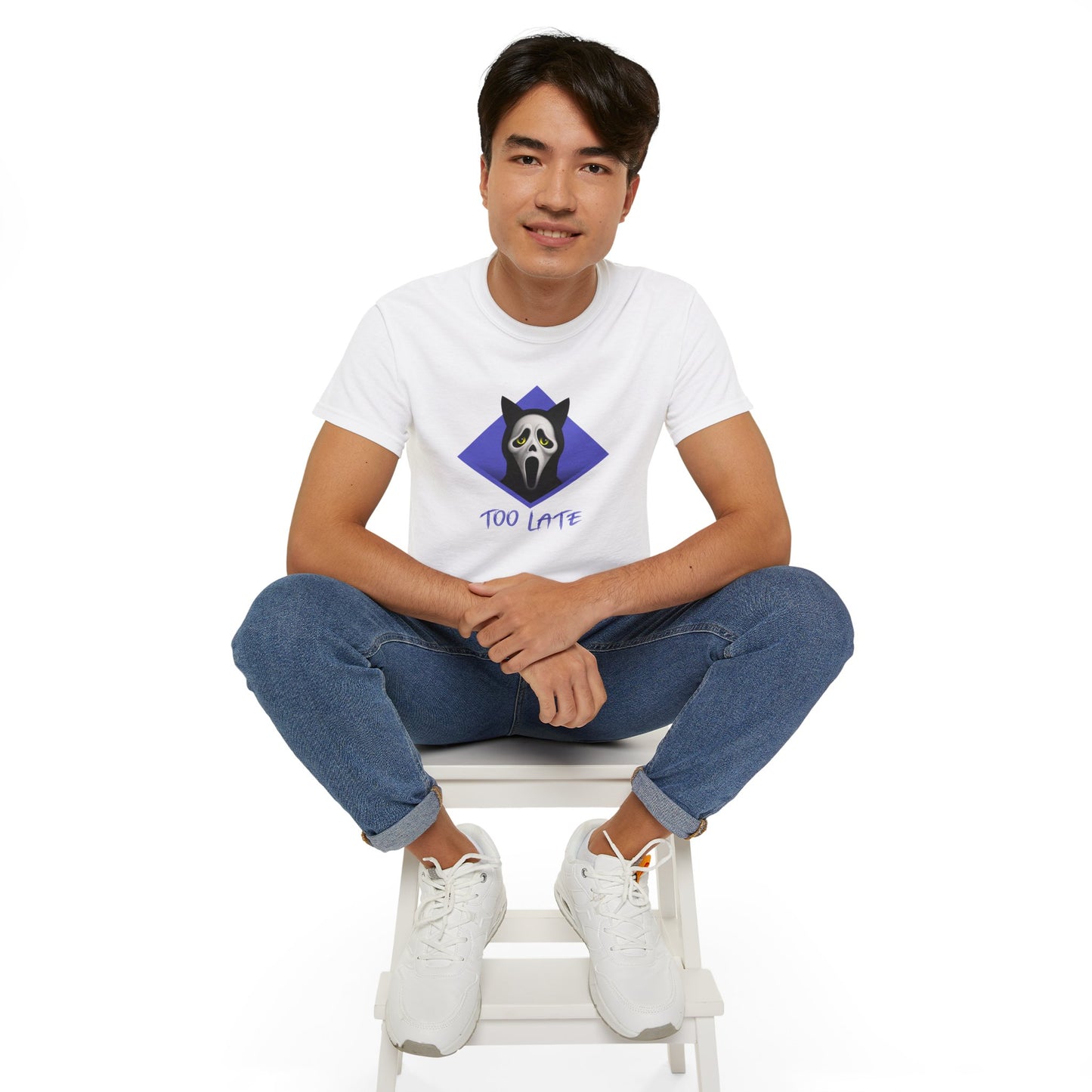T-Shirt: Too Late – Scream Cat Ghost Mask Graphic Tee – Halloween Unisex Shirt for Spooky Season & Creepy Vibes