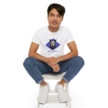 T-Shirt: Too Late – Scream Cat Ghost Mask Graphic Tee – Halloween Unisex Shirt for Spooky Season & Creepy Vibes