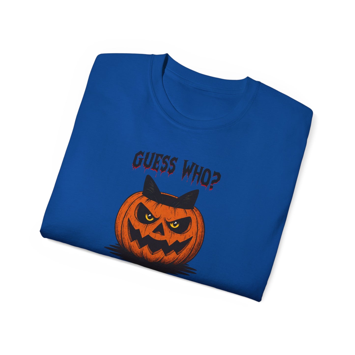 T-Shirt: Guess Who? – Halloween Cat Pumpkin Graphic Tee – Spooky Funny Unisex Shirt for Scary Season