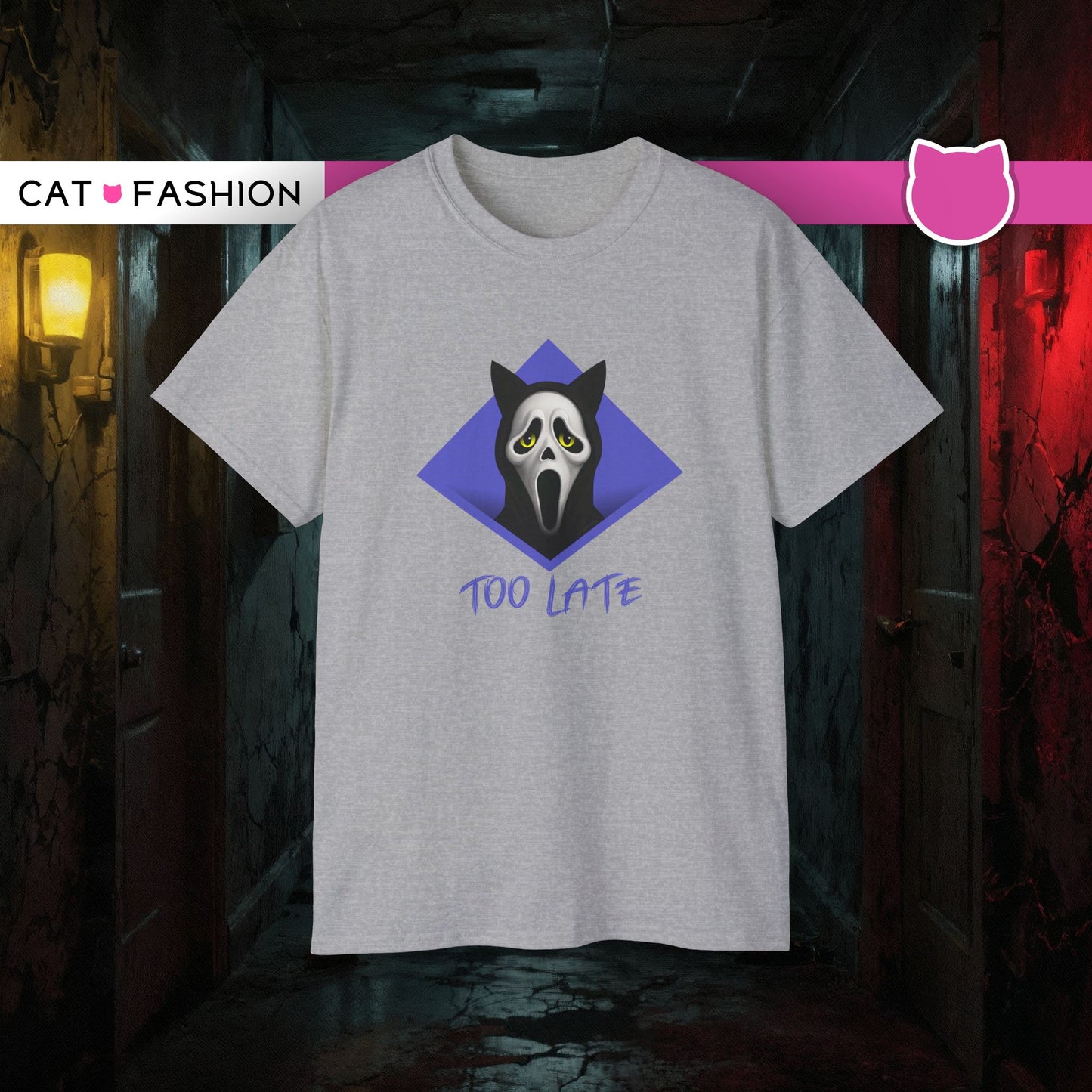 T-Shirt: Too Late – Scream Cat Ghost Mask Graphic Tee – Halloween Unisex Shirt for Spooky Season & Creepy Vibes