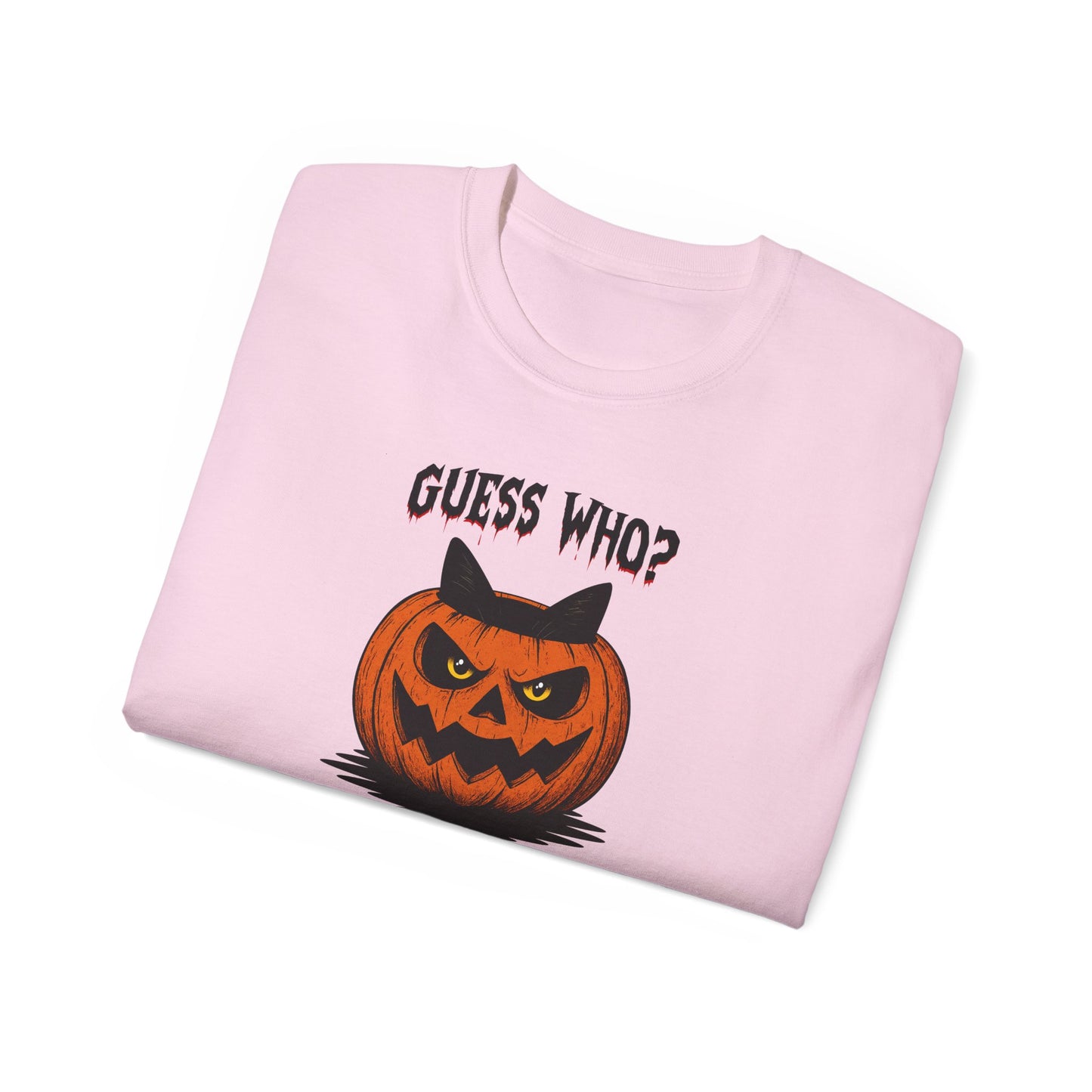T-Shirt: Guess Who? – Halloween Cat Pumpkin Graphic Tee – Spooky Funny Unisex Shirt for Scary Season