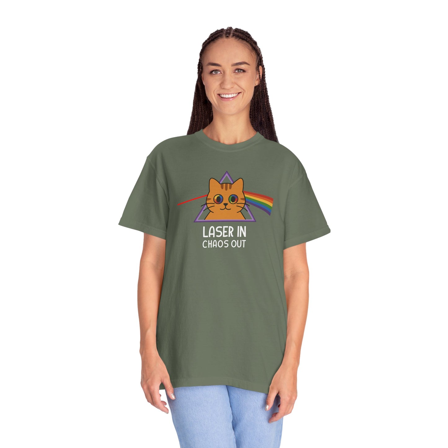 T-Shirt: Laser In - Chaos Out Cat Tee - Funny Rainbow Triangle Meme Shirt - Unisex Graphic Top for Nerds, Gamers and Cat People