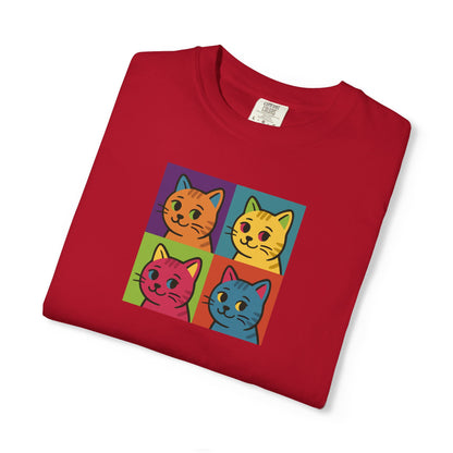 T-Shirt: Pop Art Cats - Colorful Retro Style Kitty Faces Graphic Tee - Funny Unisex Shirt for Cat Lovers and Art Fans
