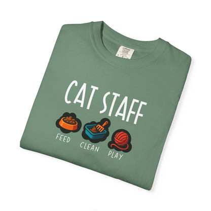 T-Shirt: Cat Staff Duties – Funny Pet Parent Graphic Tee – Cute Unisex Shirt Who Serve Their Furry Boss