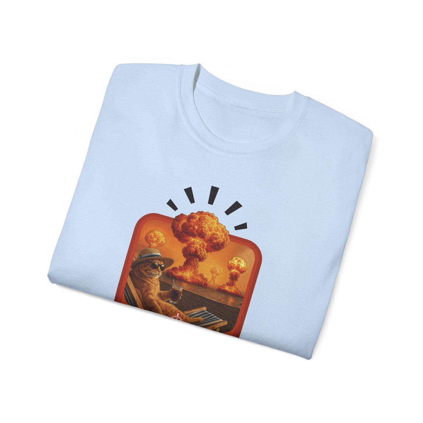 T-Shirt: Keep Calm – Surreal Cat in Chaos Artwork – Funny Apocalypse Parody for Dark Humor Fans