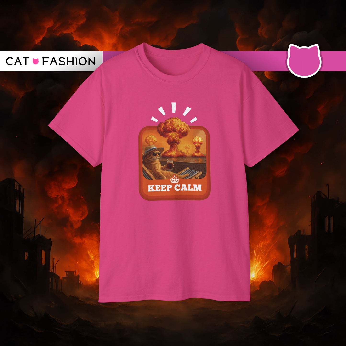 T-Shirt: Keep Calm – Surreal Cat in Chaos Artwork – Funny Apocalypse Parody for Dark Humor Fans