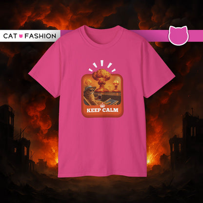 T-Shirt: Keep Calm – Surreal Cat in Chaos Artwork – Funny Apocalypse Parody for Dark Humor Fans