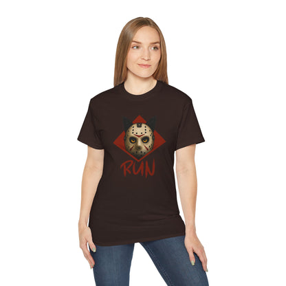 T-Shirt: RUN – Creepy Cat Horror Mask Graphic Tee – Halloween Scary Unisex Shirt for Spooky Season