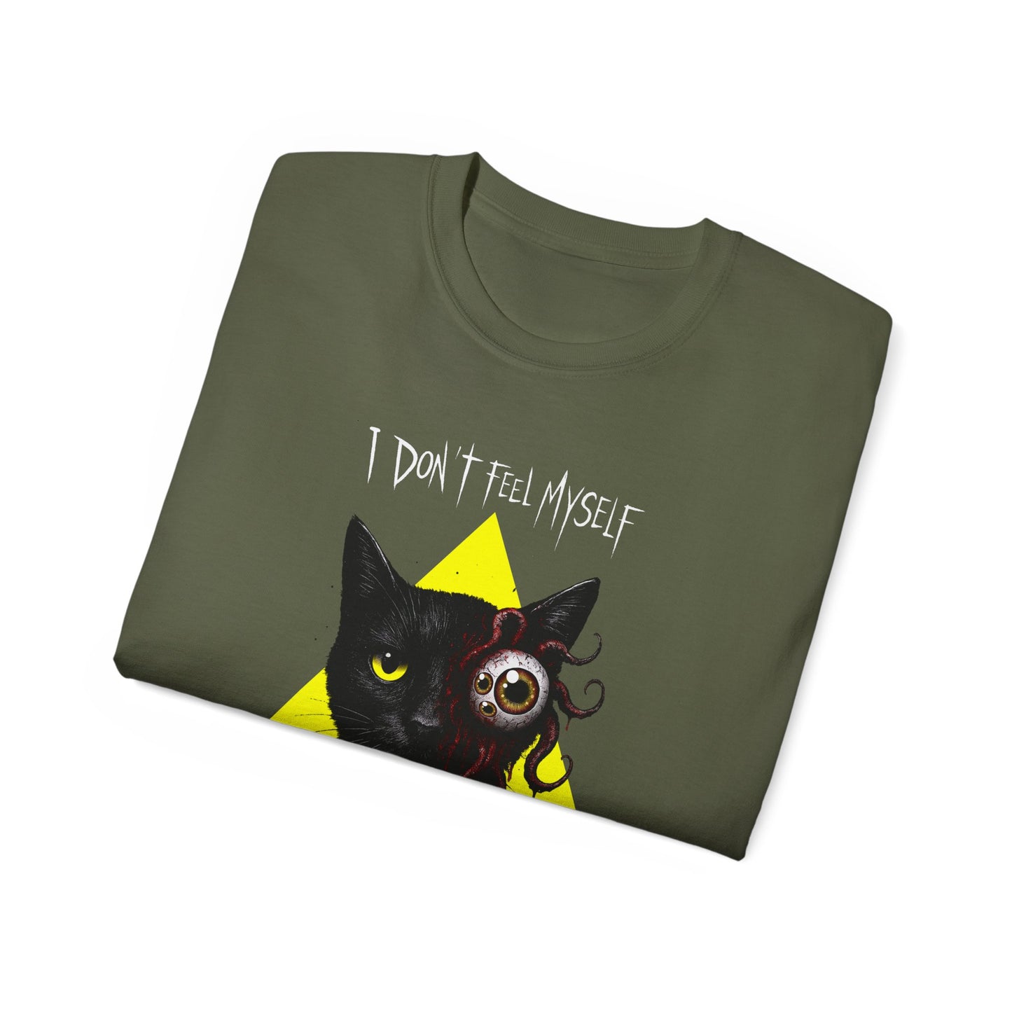 T-Shirt: I Don’t Feel Myself – Alien Horror Cat Graphic Tee – Creepy Gothic Unisex Shirt for Halloween & Sci-Fi Fans