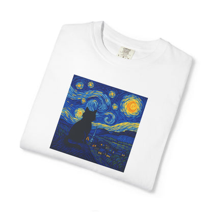 T-Shirt: The Starry Night with Cat - Van Gogh Parody Art Tee - Whimsical Unisex Shirt for Cat Lovers and Art Fans
