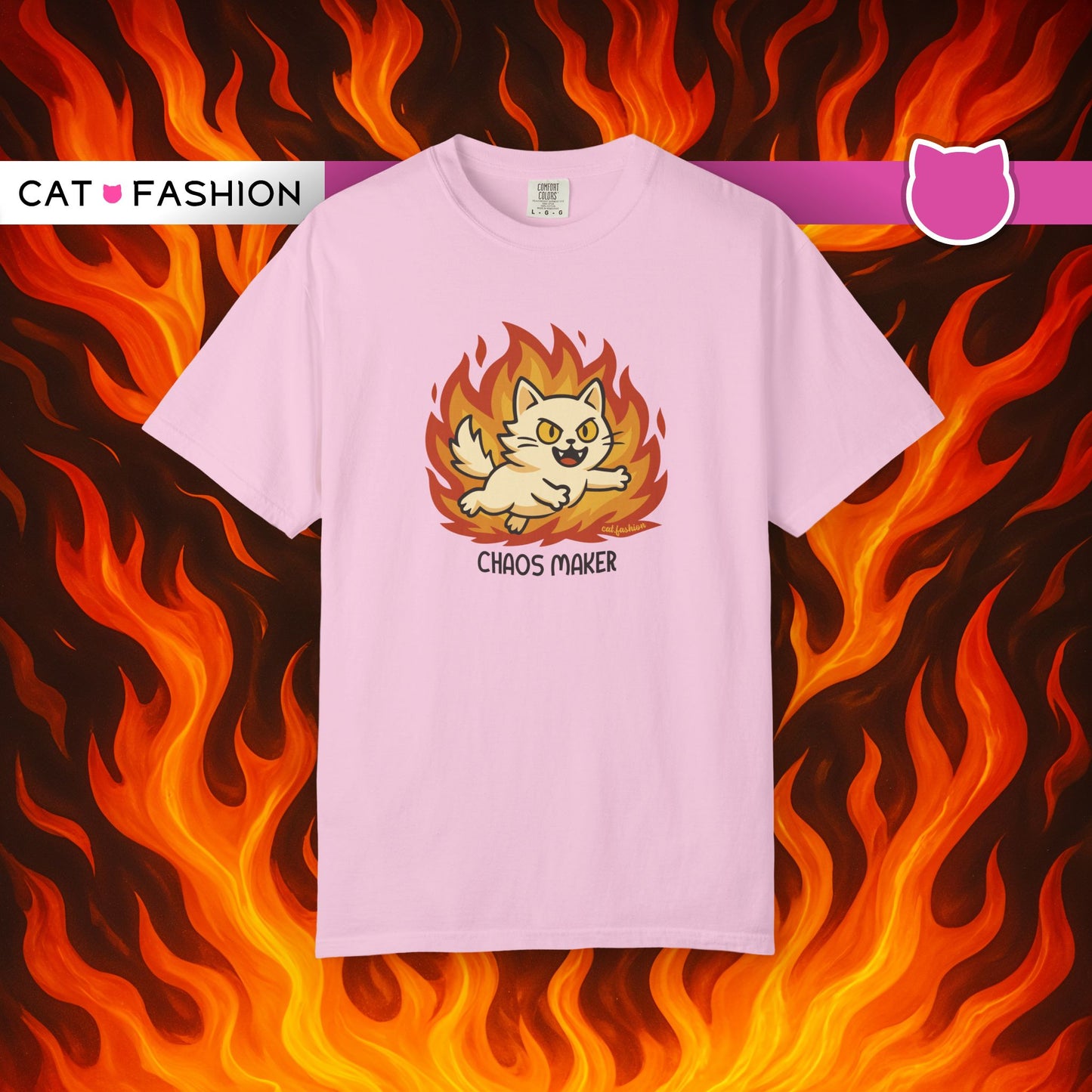 T-Shirt: Chaos Maker – Wild Cat in Flames Graphic Tee – Funny Unisex Shirt for Rebels, Gamers & Agents of Mayhem