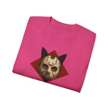 T-Shirt: RUN – Creepy Cat Horror Mask Graphic Tee – Halloween Scary Unisex Shirt for Spooky Season