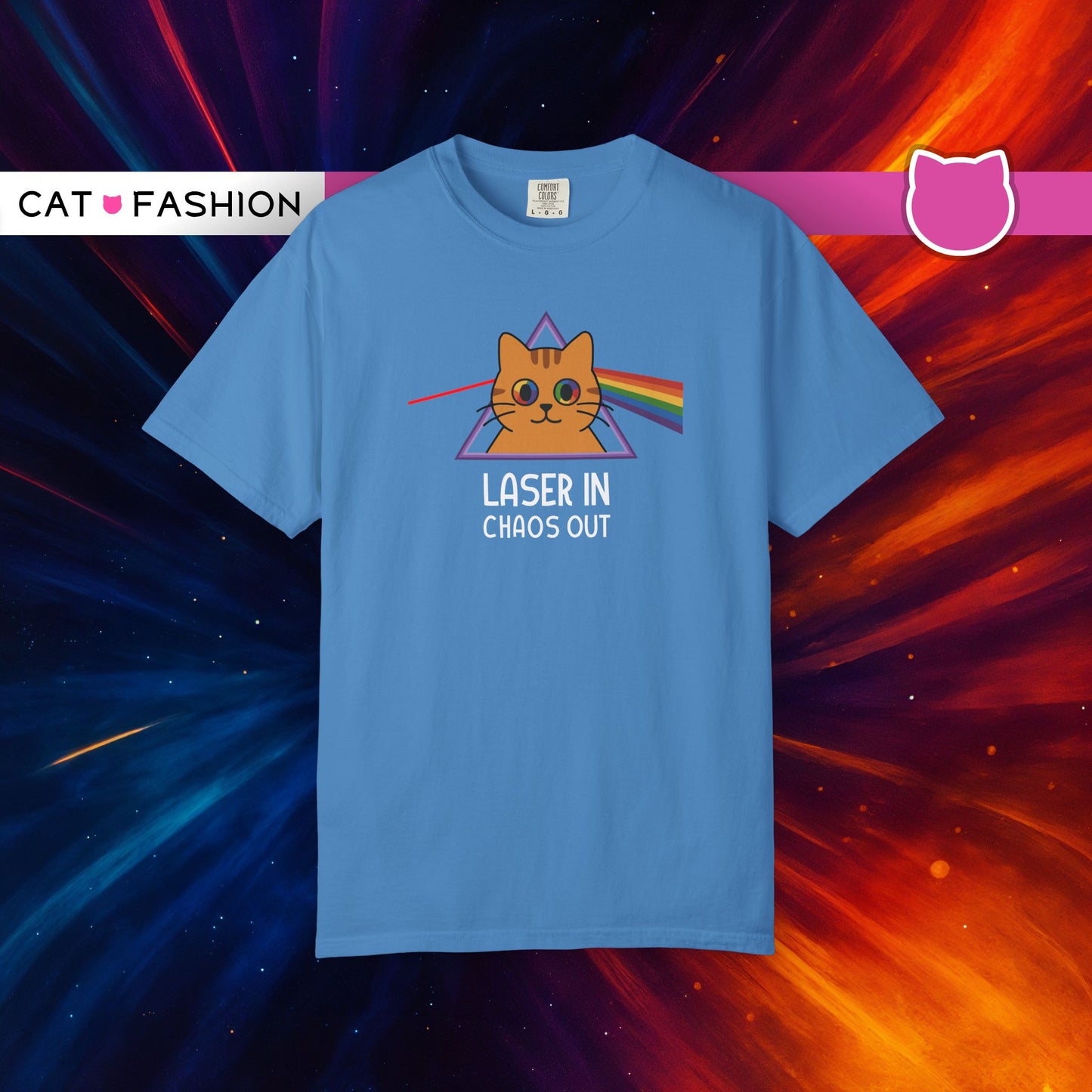 T-Shirt: Laser In - Chaos Out Cat Tee - Funny Rainbow Triangle Meme Shirt - Unisex Graphic Top for Nerds, Gamers and Cat People