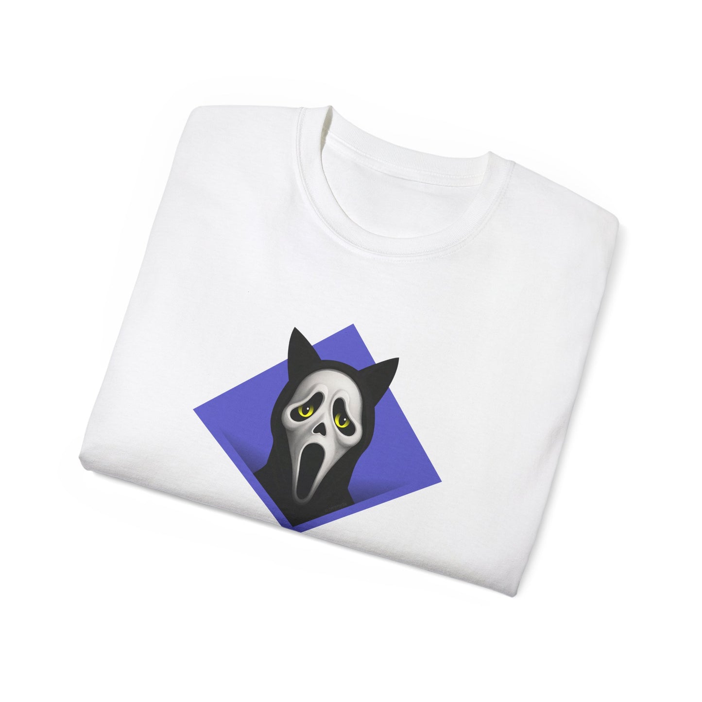 T-Shirt: Too Late – Scream Cat Ghost Mask Graphic Tee – Halloween Unisex Shirt for Spooky Season & Creepy Vibes