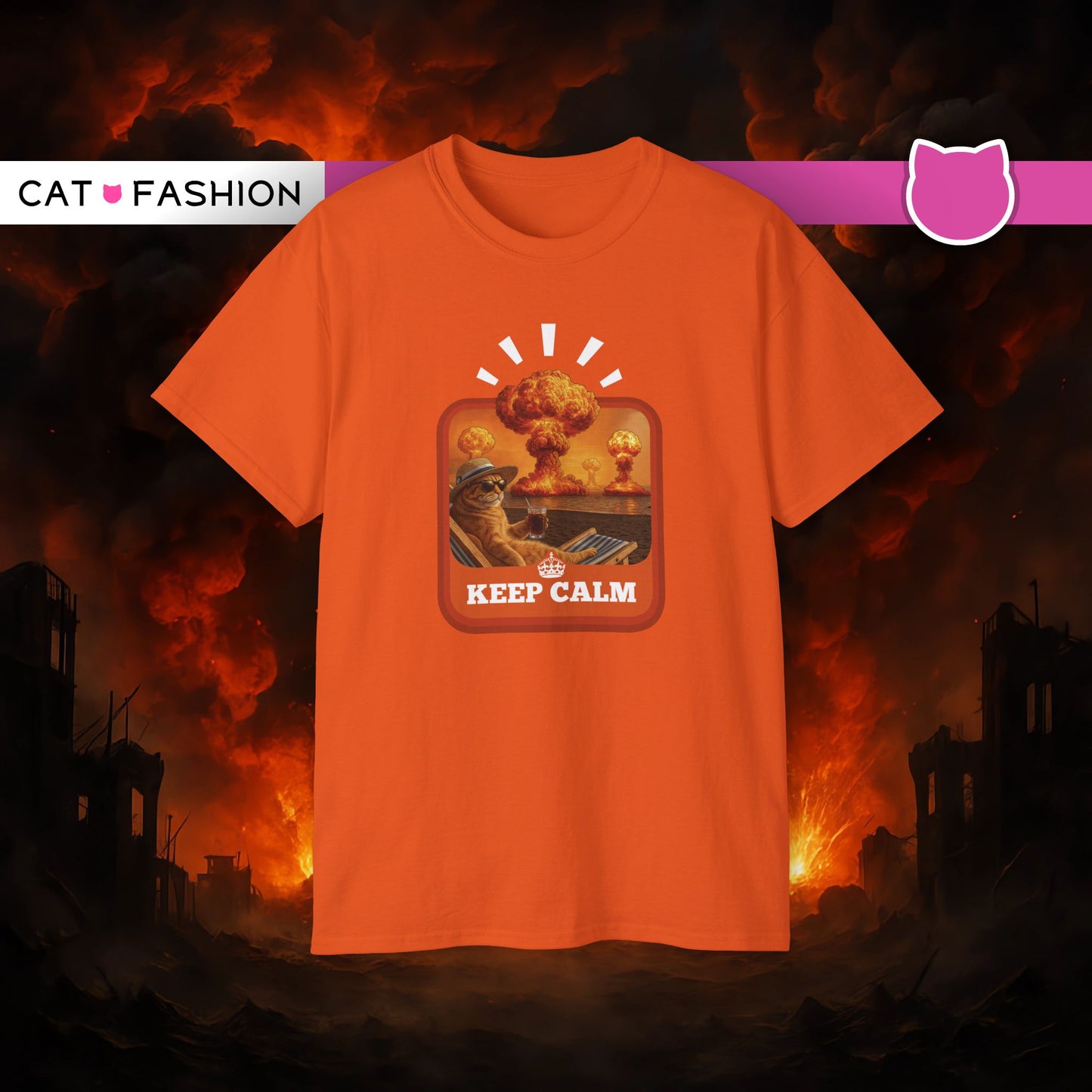 T-Shirt: Keep Calm – Surreal Cat in Chaos Artwork – Funny Apocalypse Parody for Dark Humor Fans