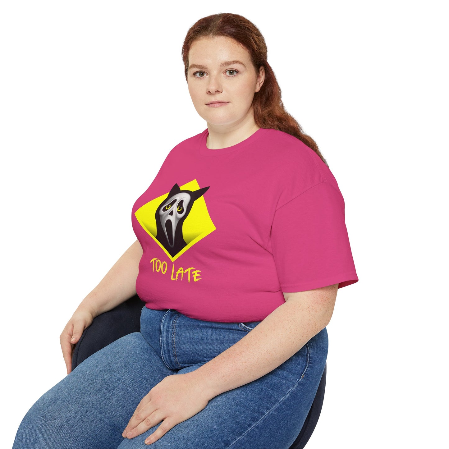 T-Shirt: Too Late – Scream Cat Ghost Mask Graphic Tee – Halloween Unisex Shirt for Spooky Season & Creepy Vibes