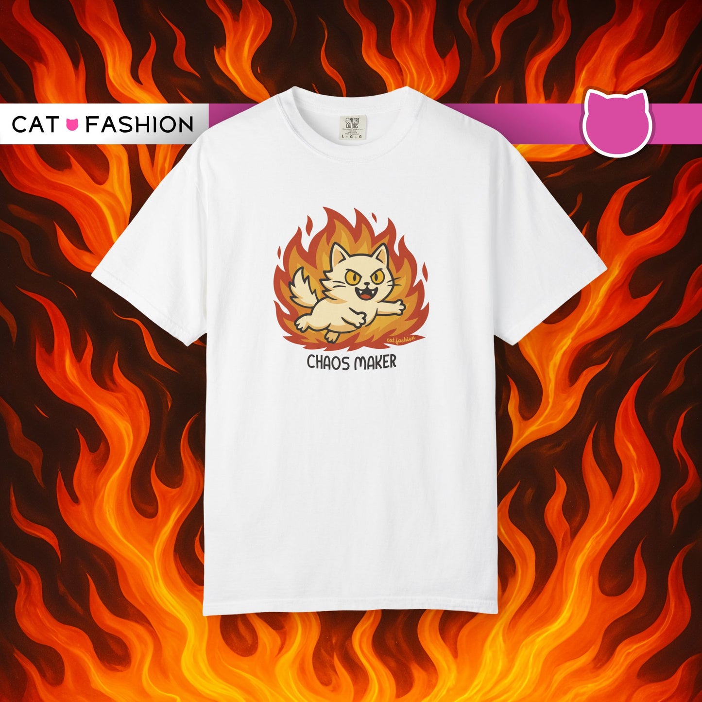 T-Shirt: Chaos Maker – Wild Cat in Flames Graphic Tee – Funny Unisex Shirt for Rebels, Gamers & Agents of Mayhem