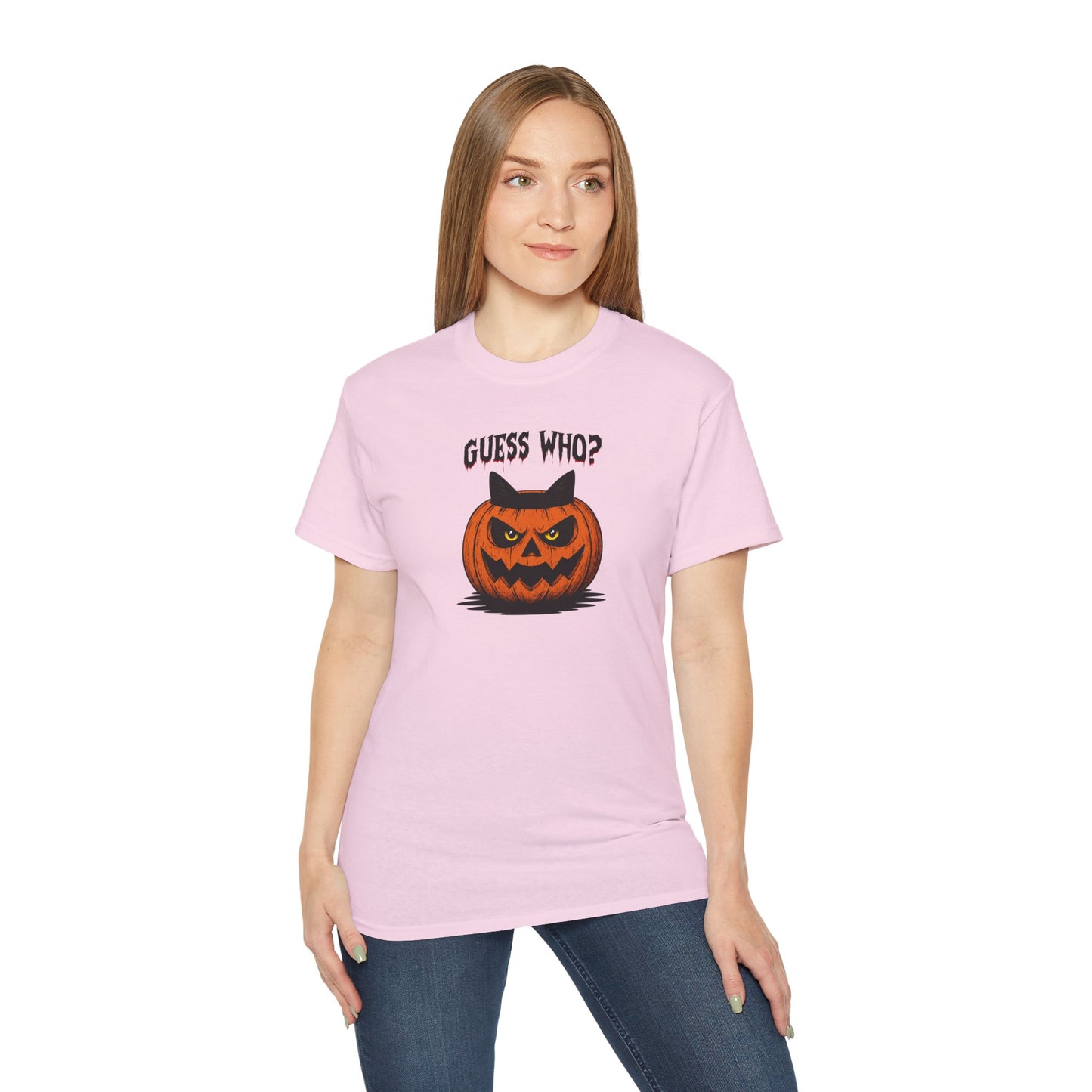 T-Shirt: Guess Who? – Halloween Cat Pumpkin Graphic Tee – Spooky Funny Unisex Shirt for Scary Season