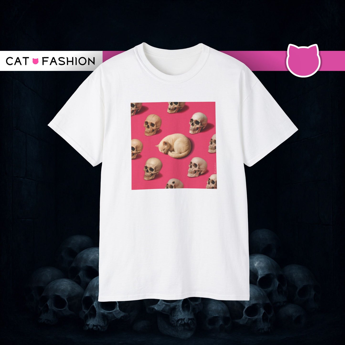 T-Shirt: The Cat and His Former Owners – Dark Humor Cat Graphic Tee – Funny Spooky Skull Unisex Shirt for Gothic Vibes