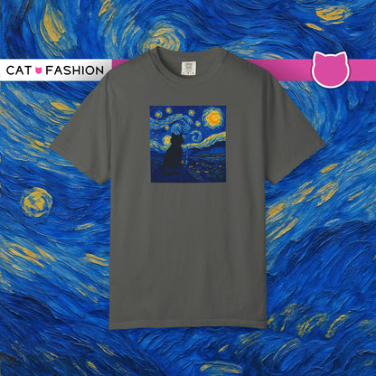 T-Shirt: The Starry Night with Cat - Van Gogh Parody Art Tee - Whimsical Unisex Shirt for Cat Lovers and Art Fans