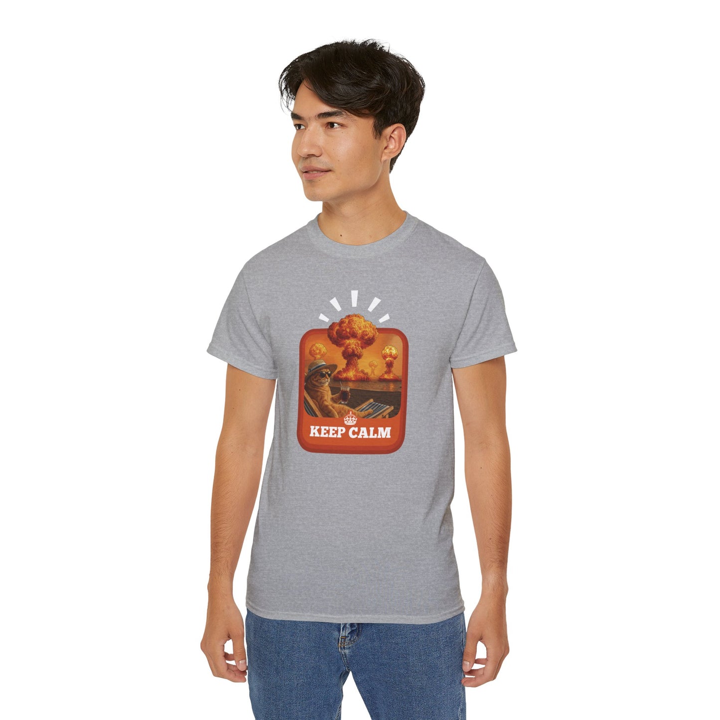 T-Shirt: Keep Calm – Surreal Cat in Chaos Artwork – Funny Apocalypse Parody for Dark Humor Fans