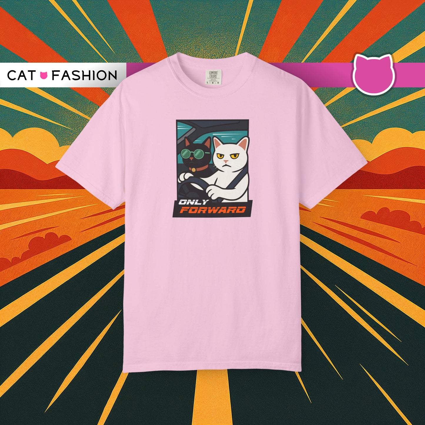 T-Shirt: Only Forward – Funny Cats Driving Graphic Tee – Cool Meme Shirt for Road Trip Fans