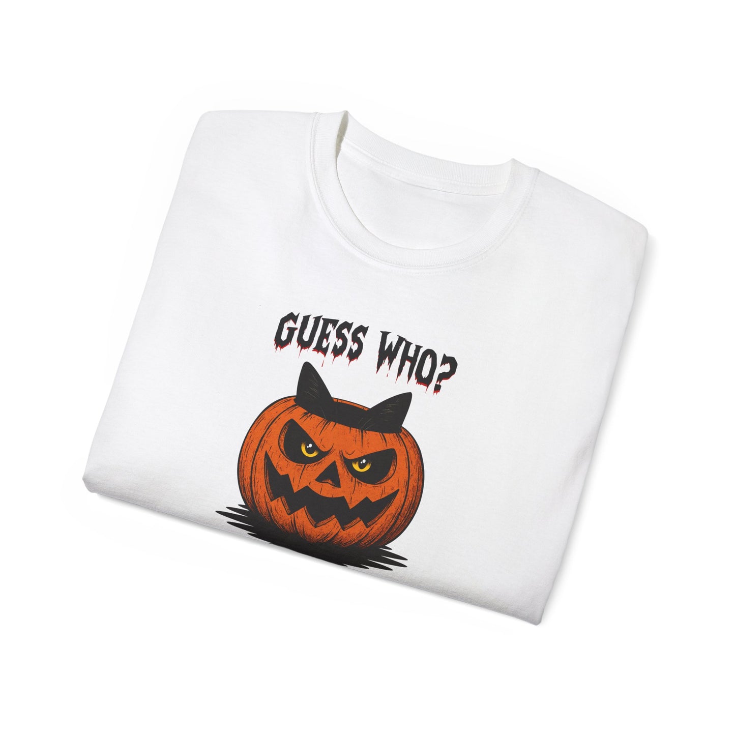 T-Shirt: Guess Who? – Halloween Cat Pumpkin Graphic Tee – Spooky Funny Unisex Shirt for Scary Season