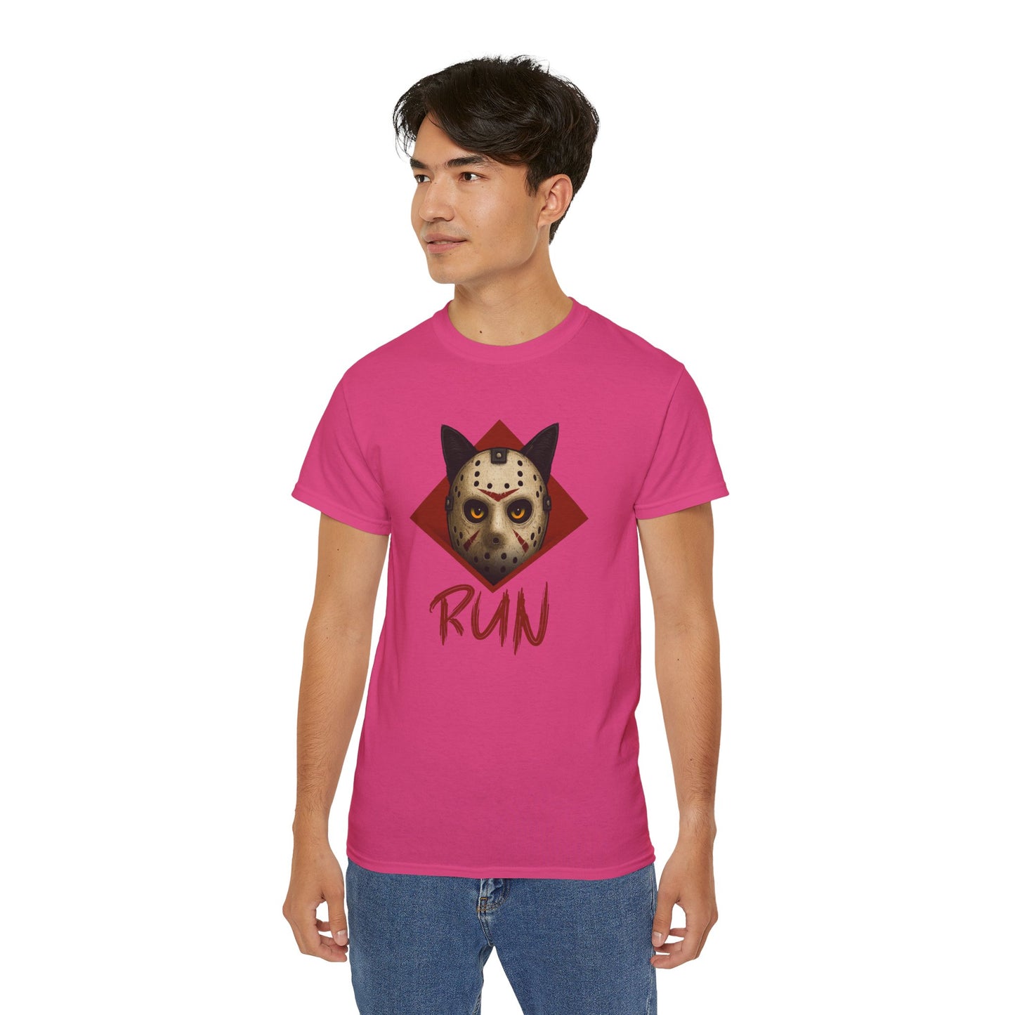 T-Shirt: RUN – Creepy Cat Horror Mask Graphic Tee – Halloween Scary Unisex Shirt for Spooky Season
