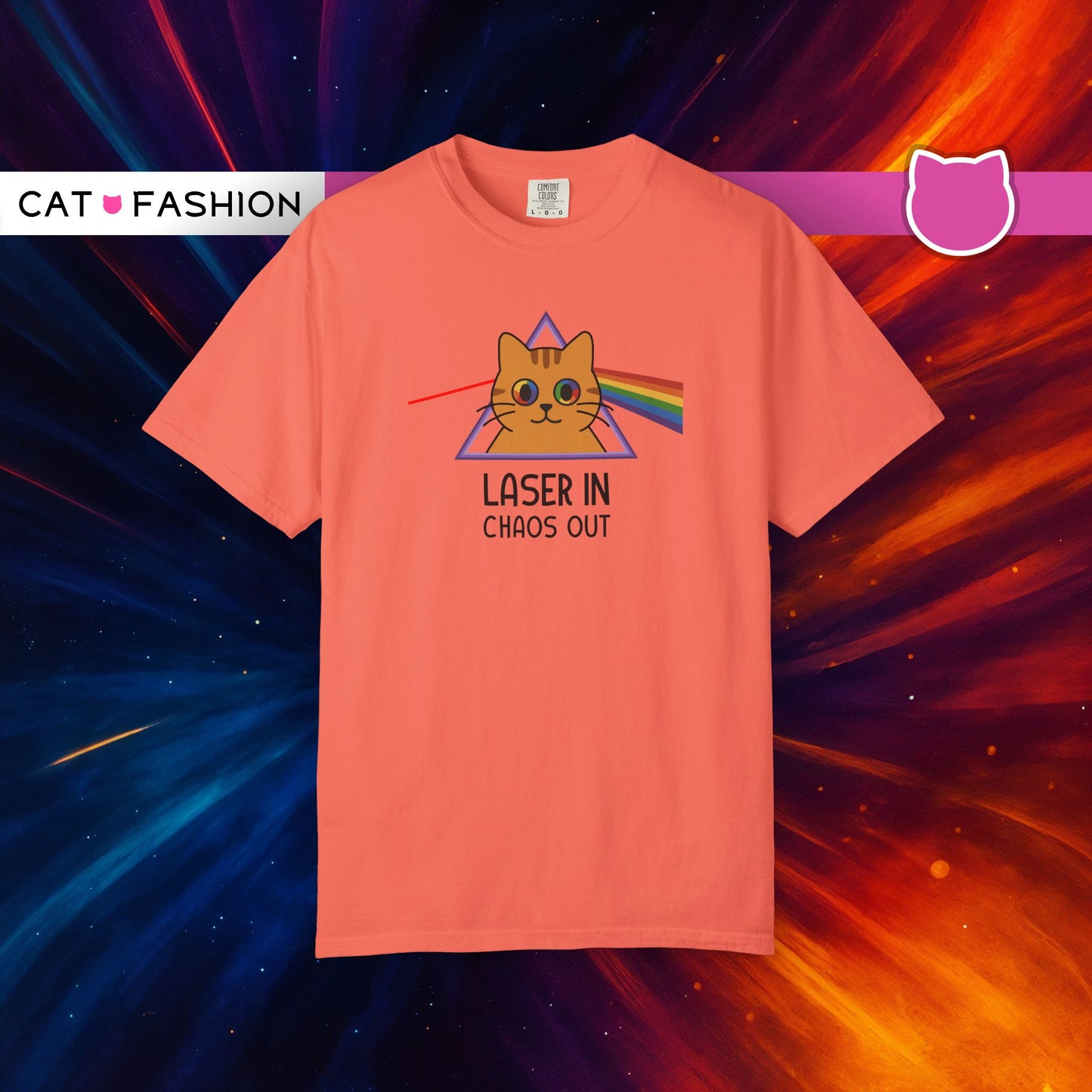 T-Shirt: Laser In - Chaos Out Cat Tee - Funny Rainbow Triangle Meme Shirt - Unisex Graphic Top for Nerds, Gamers and Cat People