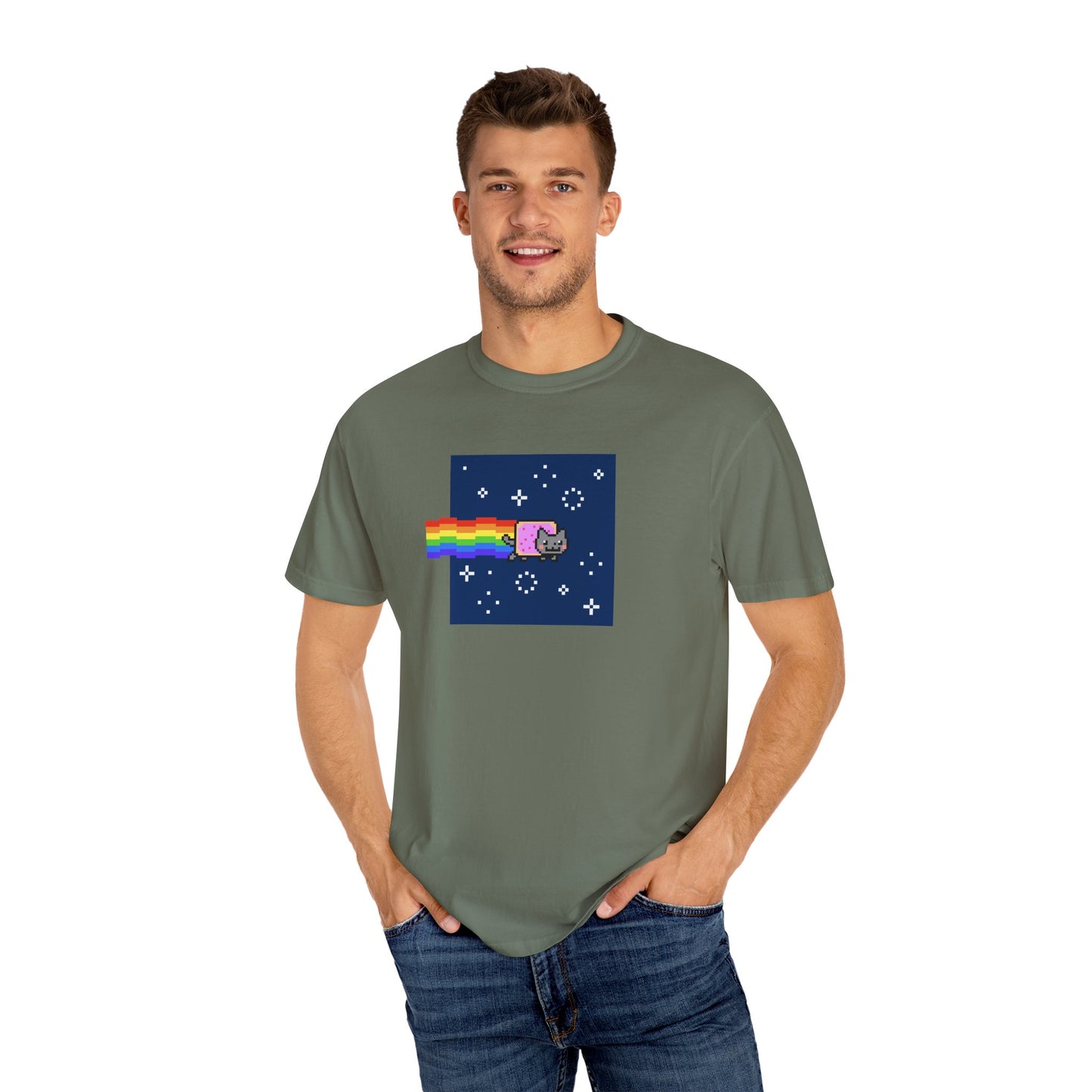T-Shirt: Nyan Cat Meme - Funny Pixel Pop-Tart Cat in Space with Rainbow Trail - Retro Internet Viral Graphic Tee Unisex