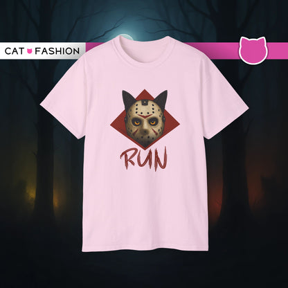 T-Shirt: RUN – Creepy Cat Horror Mask Graphic Tee – Halloween Scary Unisex Shirt for Spooky Season