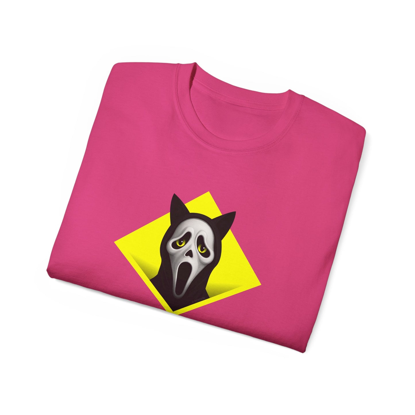 T-Shirt: Too Late – Scream Cat Ghost Mask Graphic Tee – Halloween Unisex Shirt for Spooky Season & Creepy Vibes