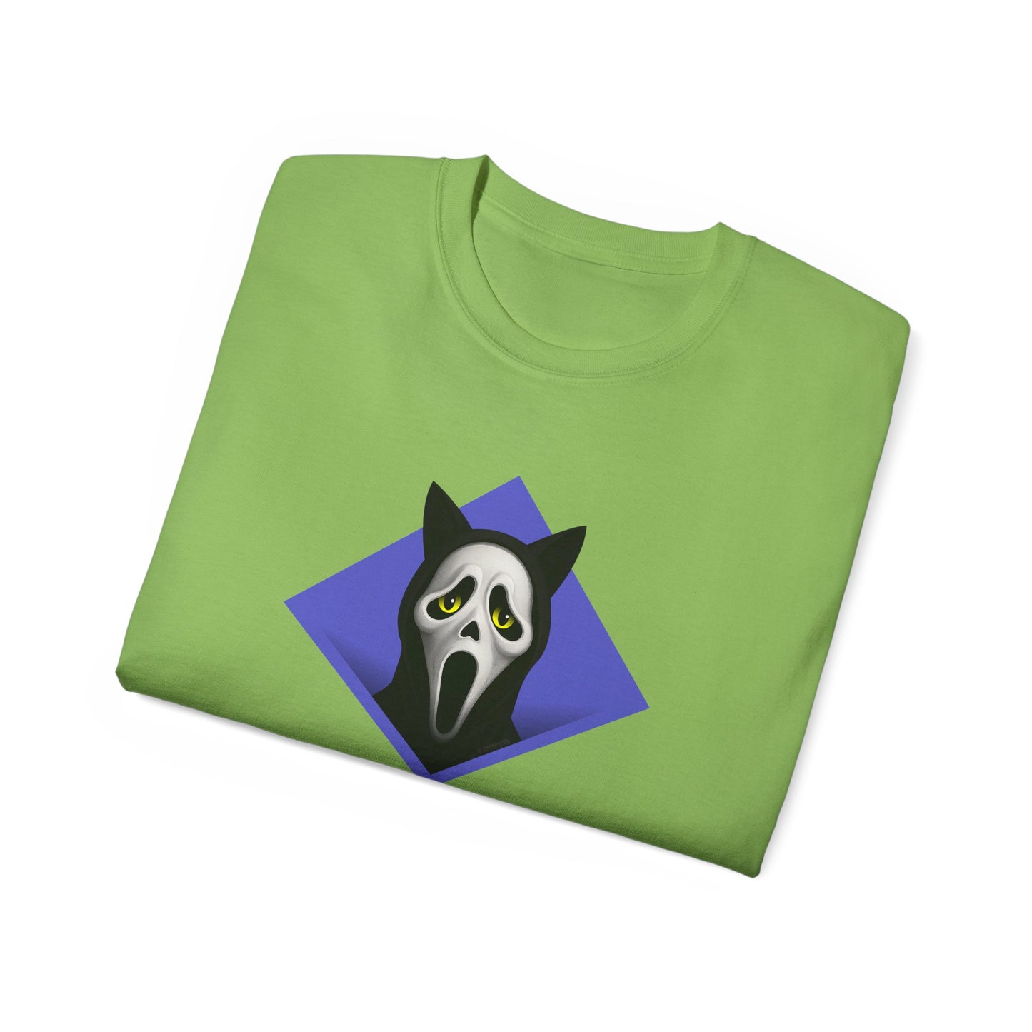 T-Shirt: Too Late – Scream Cat Ghost Mask Graphic Tee – Halloween Unisex Shirt for Spooky Season & Creepy Vibes