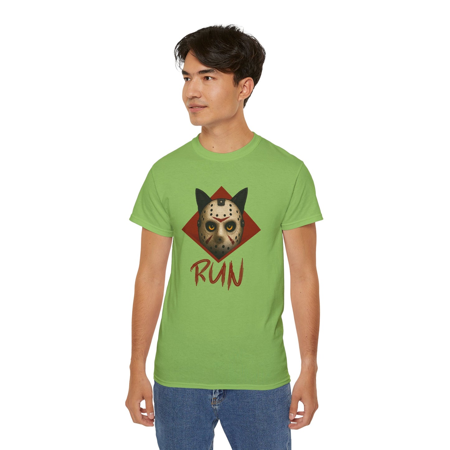 T-Shirt: RUN – Creepy Cat Horror Mask Graphic Tee – Halloween Scary Unisex Shirt for Spooky Season