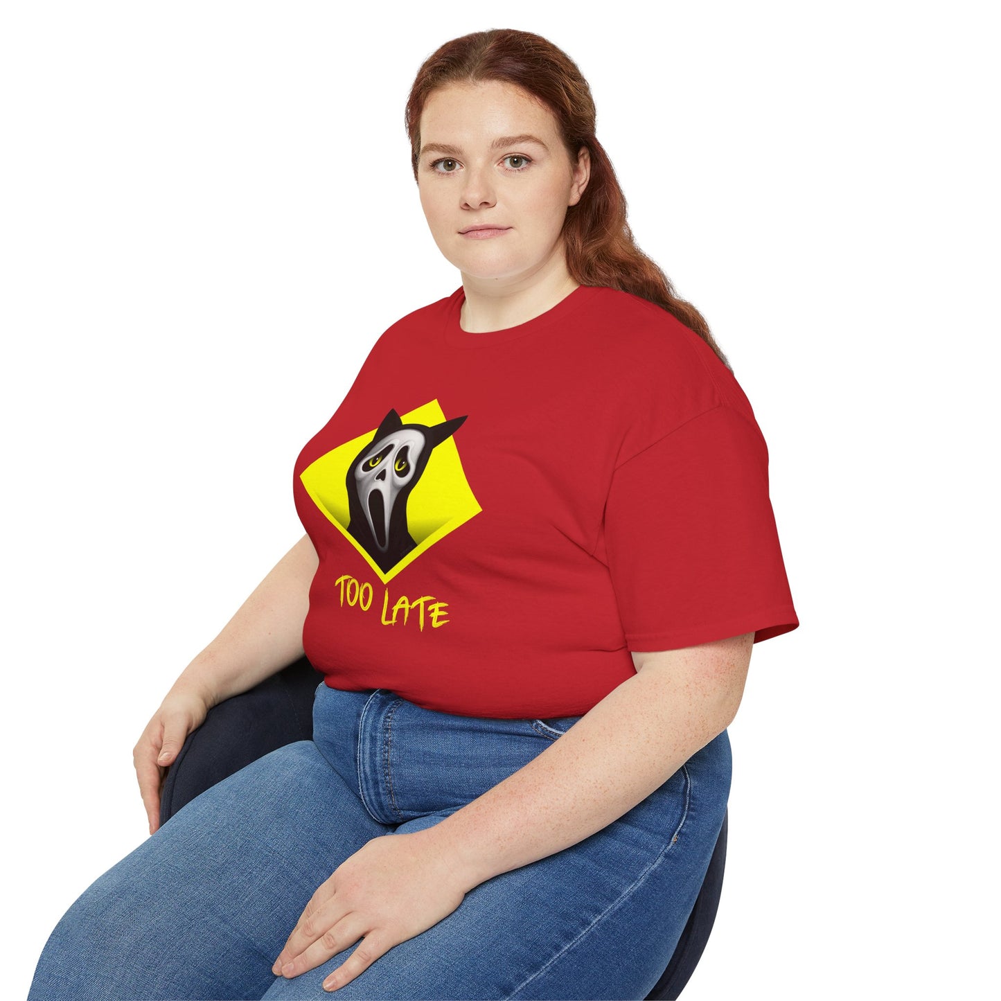 T-Shirt: Too Late – Scream Cat Ghost Mask Graphic Tee – Halloween Unisex Shirt for Spooky Season & Creepy Vibes