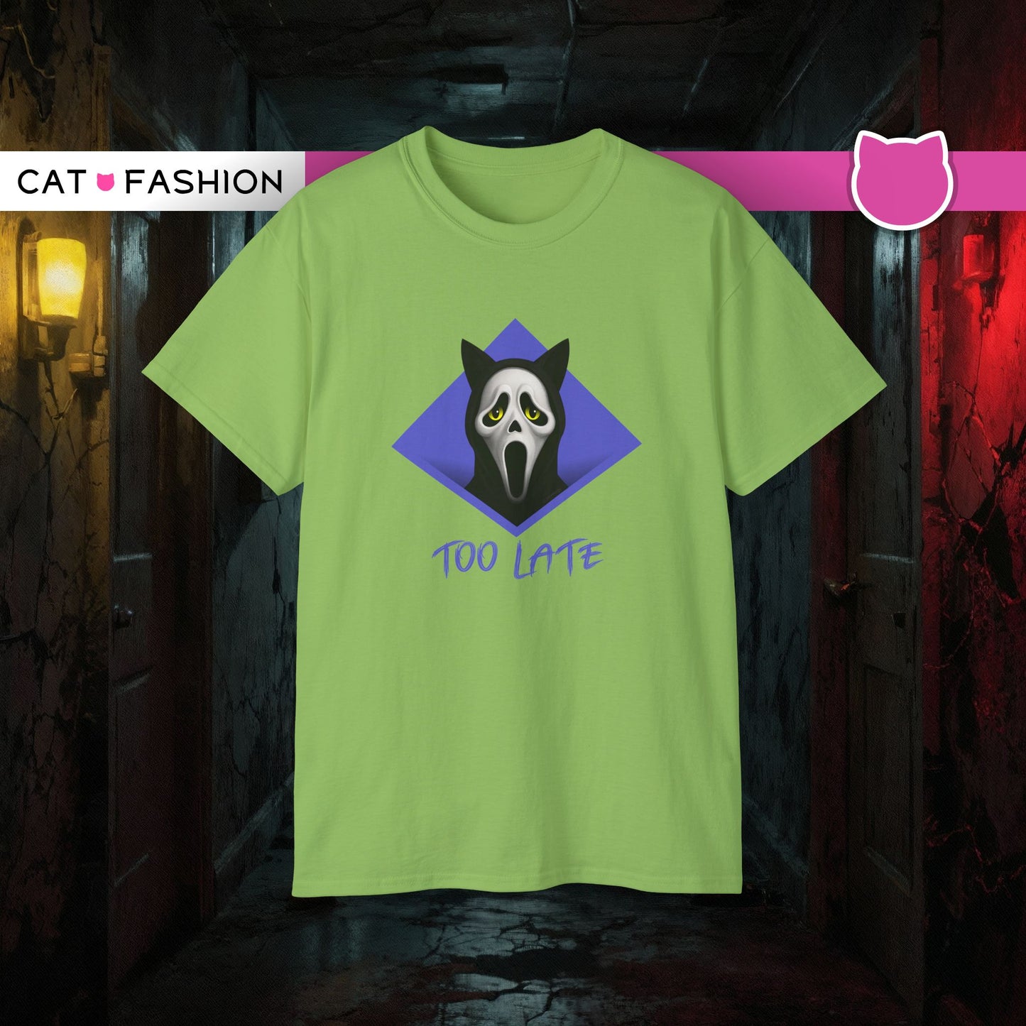 T-Shirt: Too Late – Scream Cat Ghost Mask Graphic Tee – Halloween Unisex Shirt for Spooky Season & Creepy Vibes
