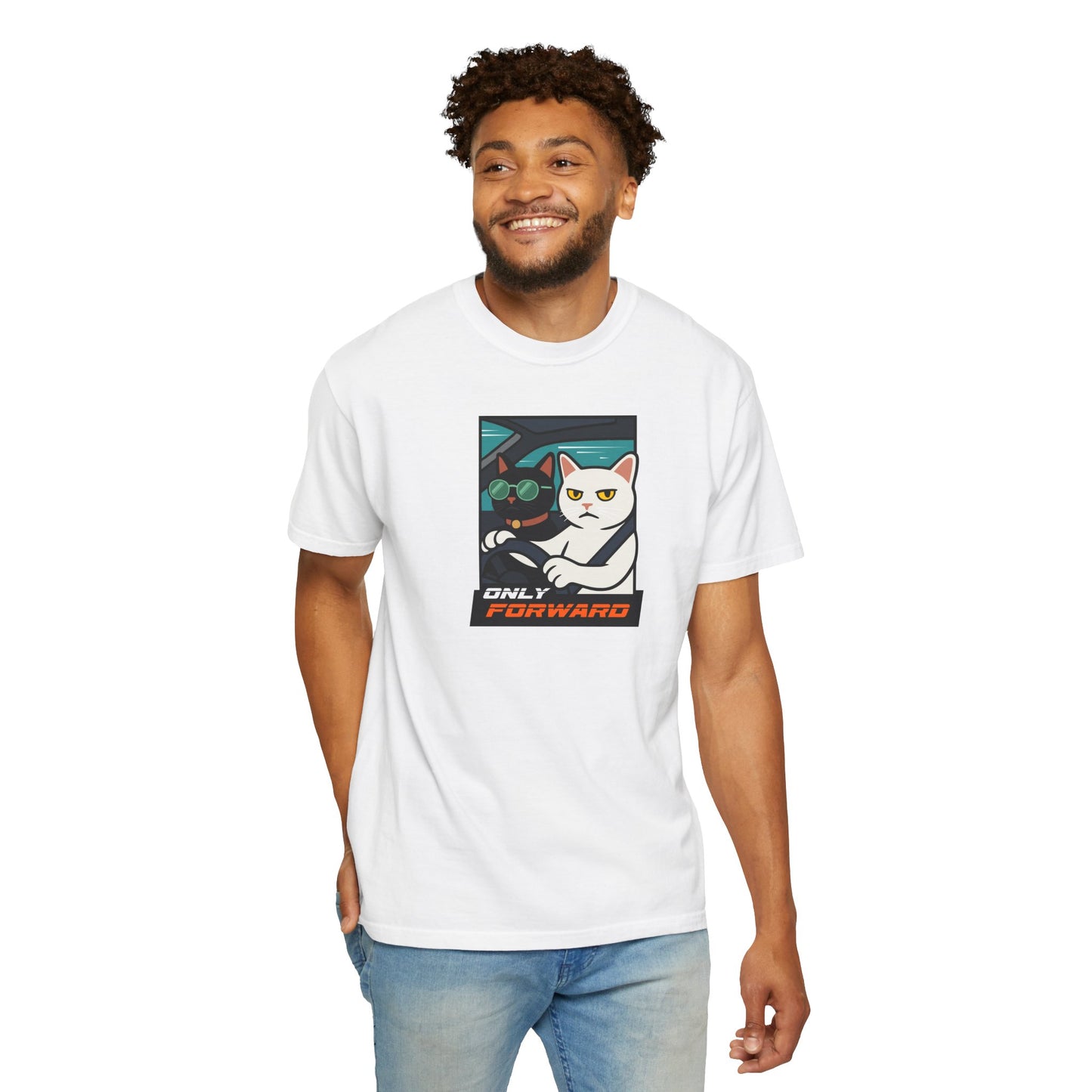 T-Shirt: Only Forward – Funny Cats Driving Graphic Tee – Cool Meme Shirt for Road Trip Fans
