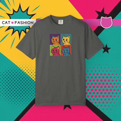 T-Shirt: Pop Art Cats - Colorful Retro Style Kitty Faces Graphic Tee - Funny Unisex Shirt for Cat Lovers and Art Fans