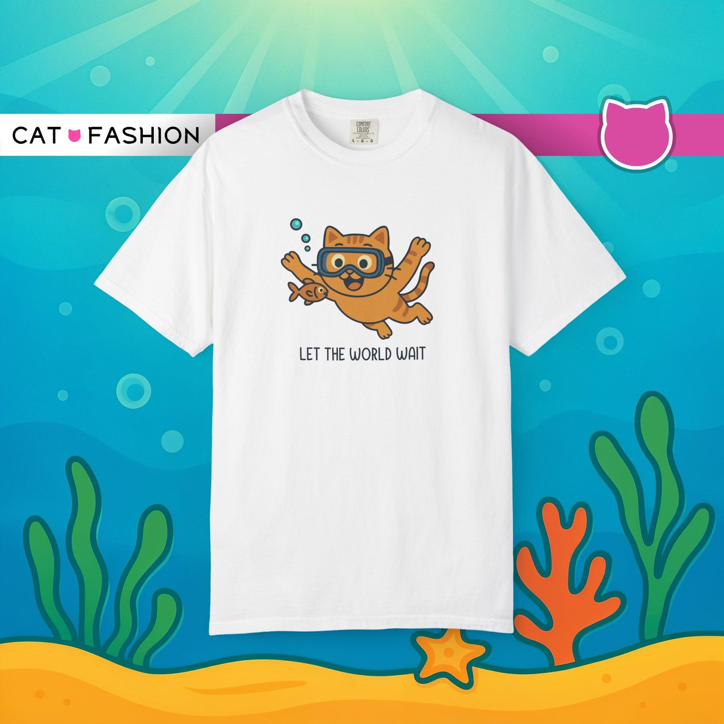 T-Shirt: Let The World Wait - Funny Swimming Cat Graphic Tee - Cute Unisex Shirt for Cat Lovers & Chill Vibes