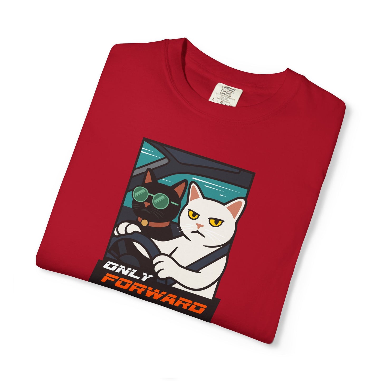 T-Shirt: Only Forward – Funny Cats Driving Graphic Tee – Cool Meme Shirt for Road Trip Fans