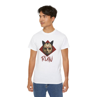 T-Shirt: RUN – Creepy Cat Horror Mask Graphic Tee – Halloween Scary Unisex Shirt for Spooky Season