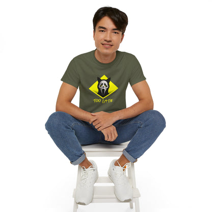 T-Shirt: Too Late – Scream Cat Ghost Mask Graphic Tee – Halloween Unisex Shirt for Spooky Season & Creepy Vibes
