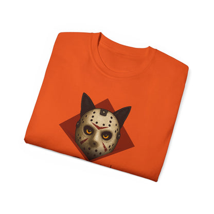 T-Shirt: RUN – Creepy Cat Horror Mask Graphic Tee – Halloween Scary Unisex Shirt for Spooky Season