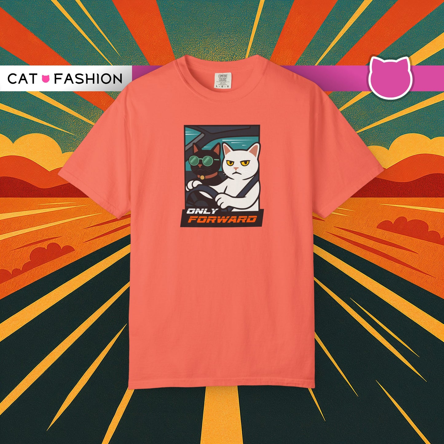 T-Shirt: Only Forward – Funny Cats Driving Graphic Tee – Cool Meme Shirt for Road Trip Fans